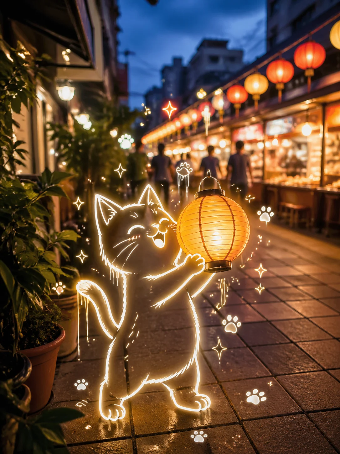 Neon cat holding a lantern over a Taipei night market photo