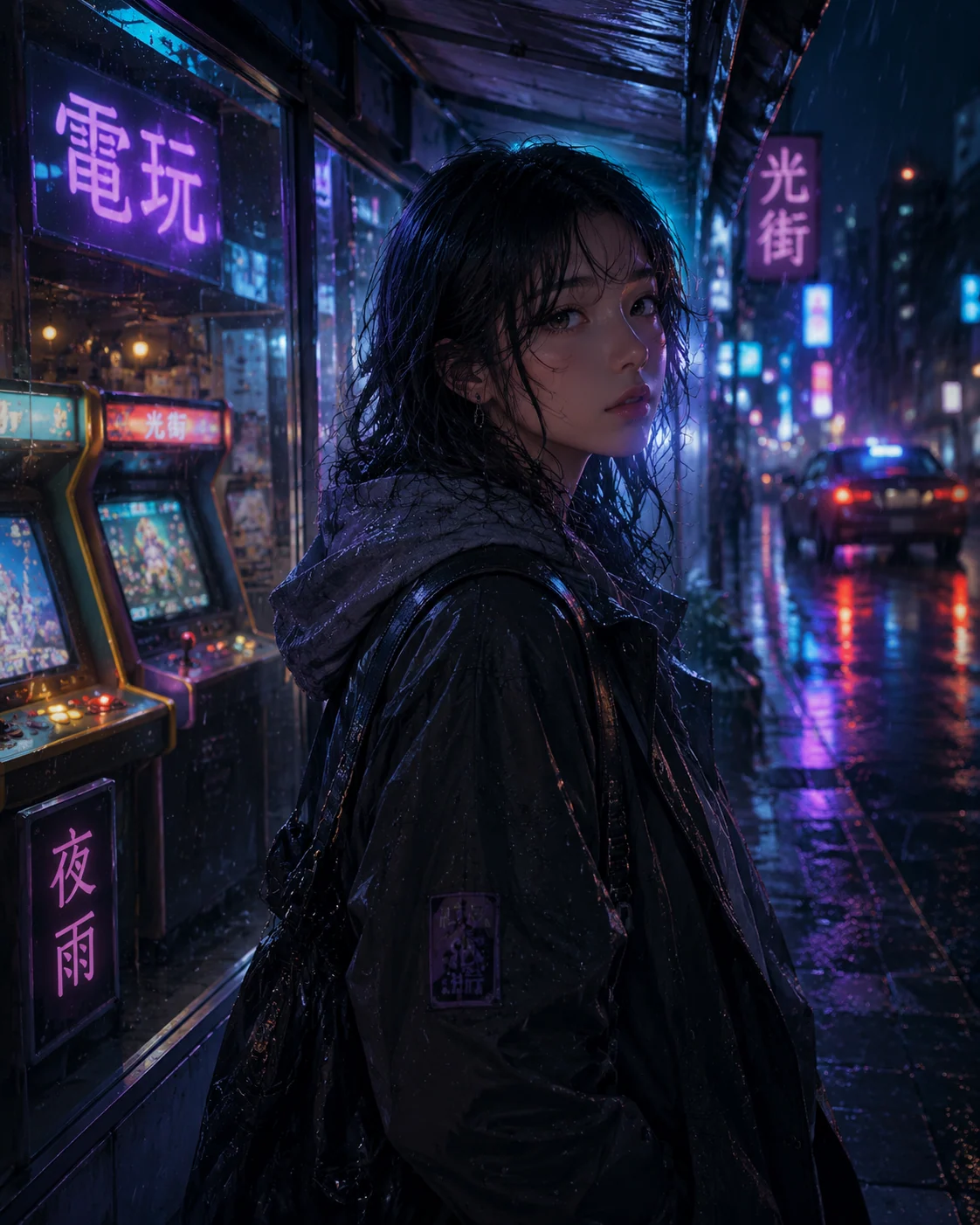 Anime-Portrat in einer regnerischen Neon-Arcade in Taipeh