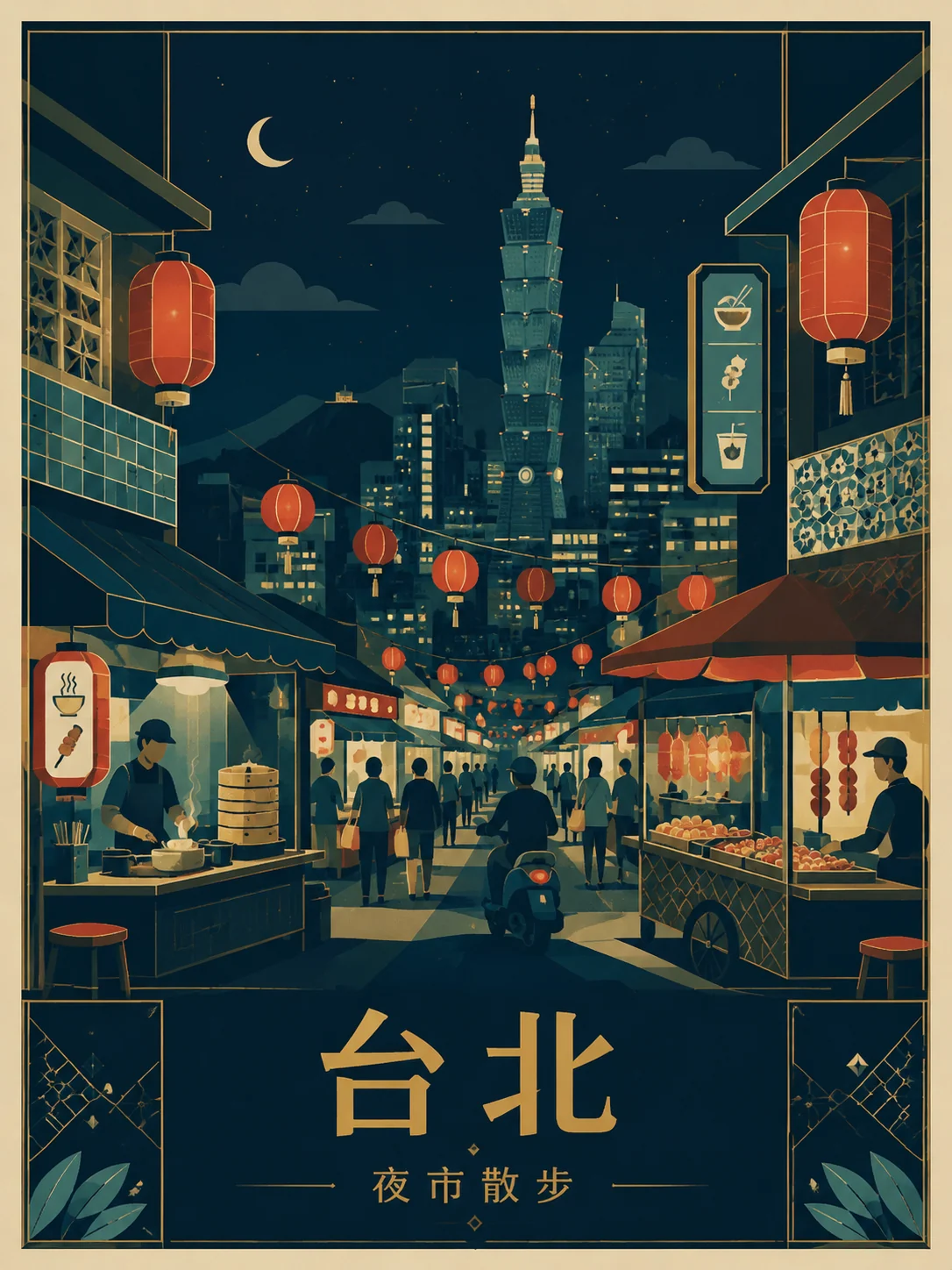 Flaches Vektor-Reiseposter eines Nachtmarkts in Taipeh als Beispiel