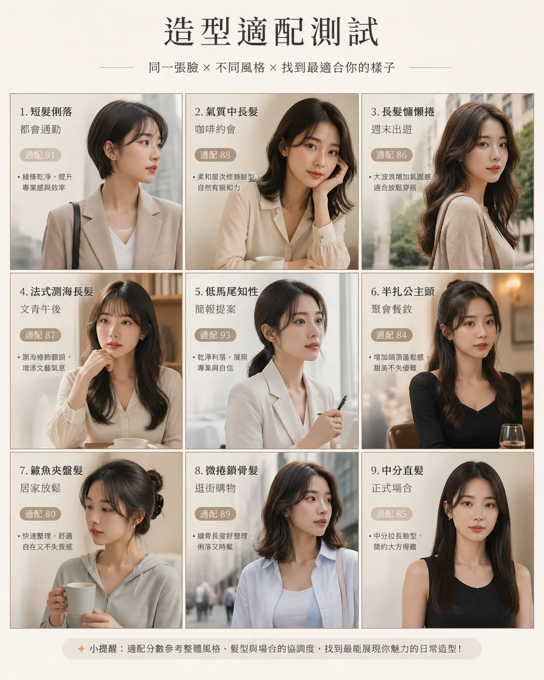 繁體中文髮型穿搭適配度測試圖示例