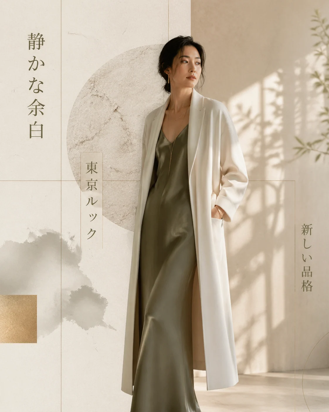 Japanese minimal fashion lookbook poster with refined wardrobe styling