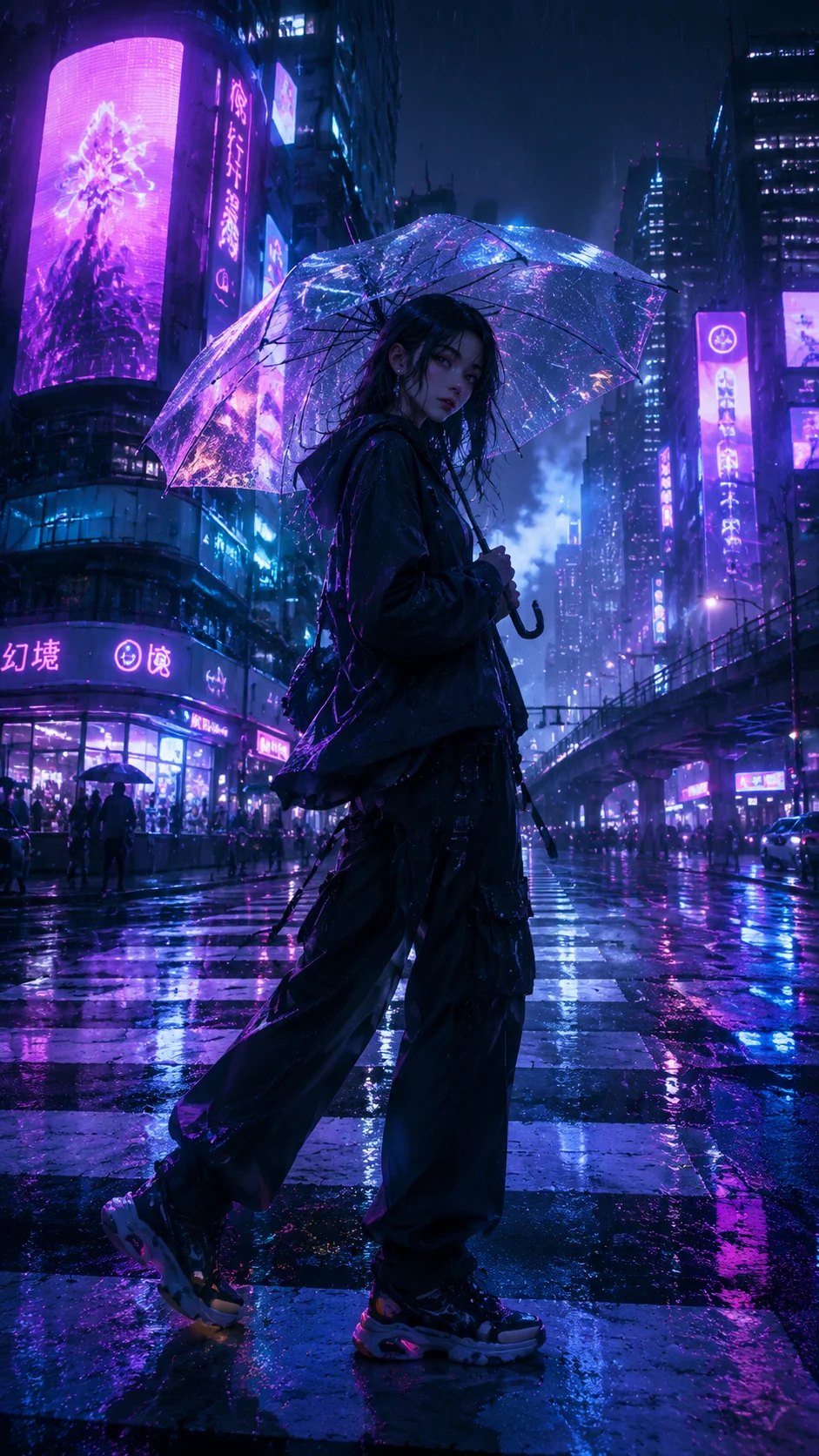 Anime-Portrat mit Neon-Hoodie in einer regnerischen Nacht in Tokio