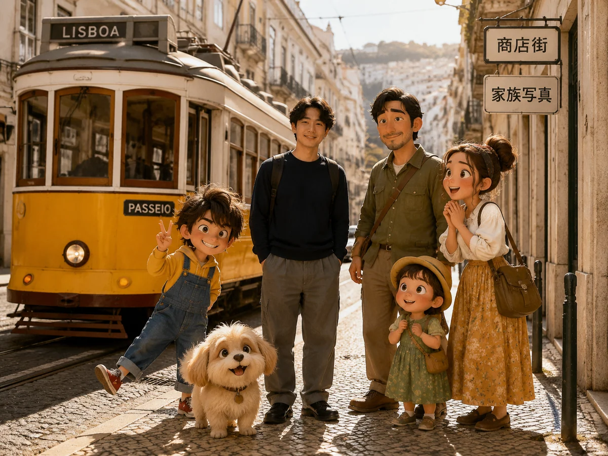 実写の人物とオリジナルアニメ風家族の商店街集合写真