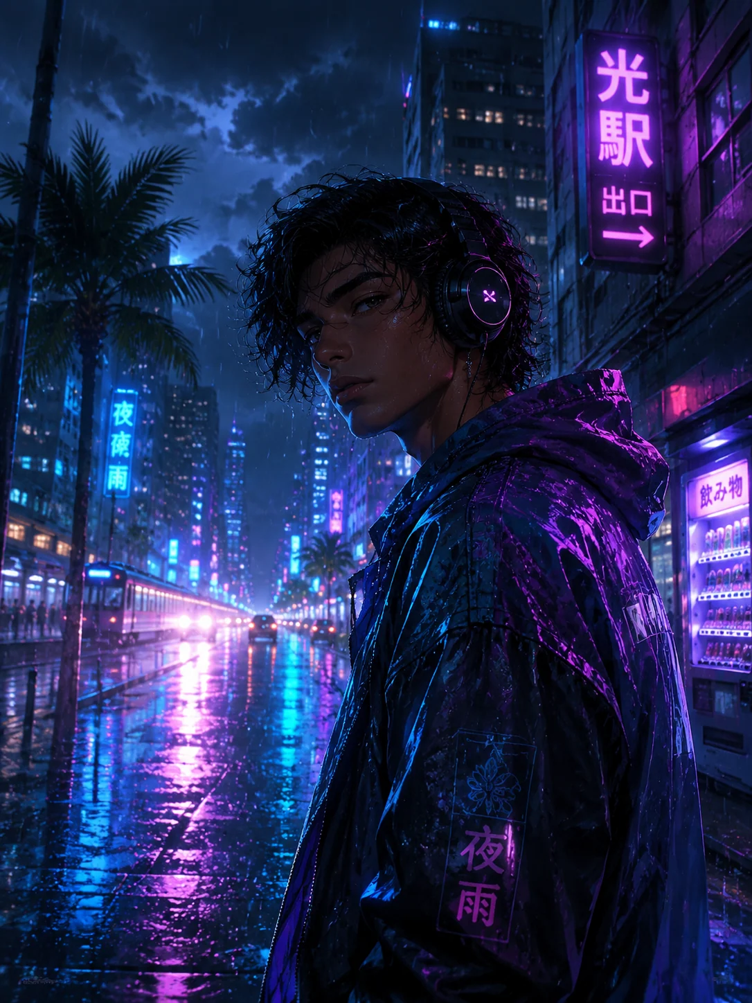 Anime-Portrat mit transparentem Schirm in einer regnerischen Nacht am Bahnhof Tokio