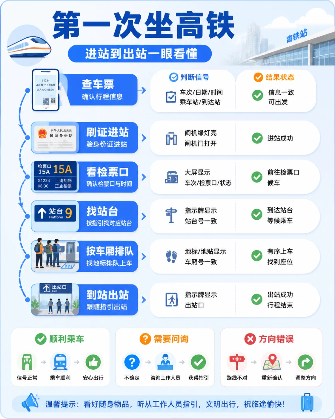 简体中文高铁乘车流程卡片示例