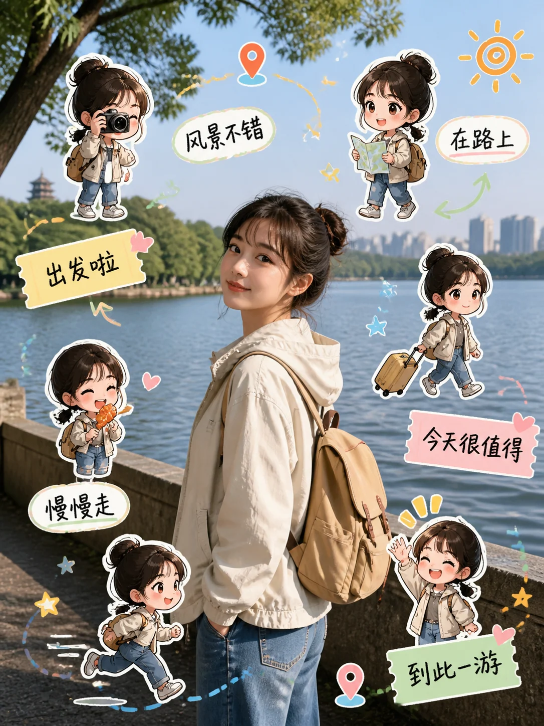 旅行回忆 Q 版分身手账照示例