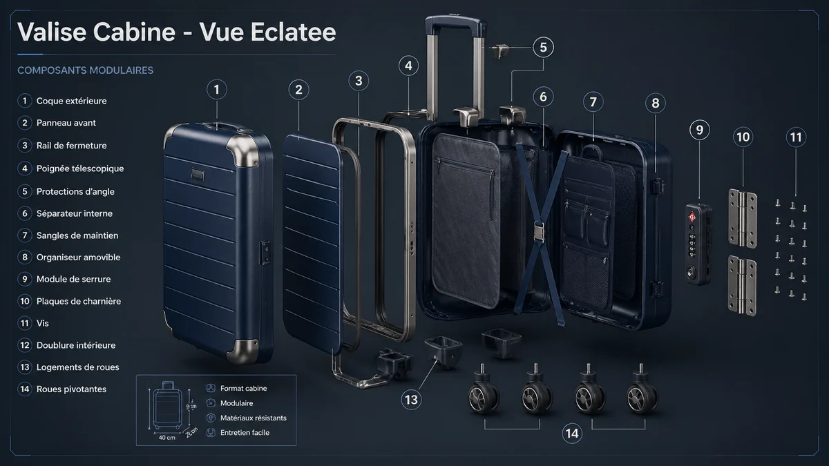 Vue éclatée d'une valise cabine modulaire