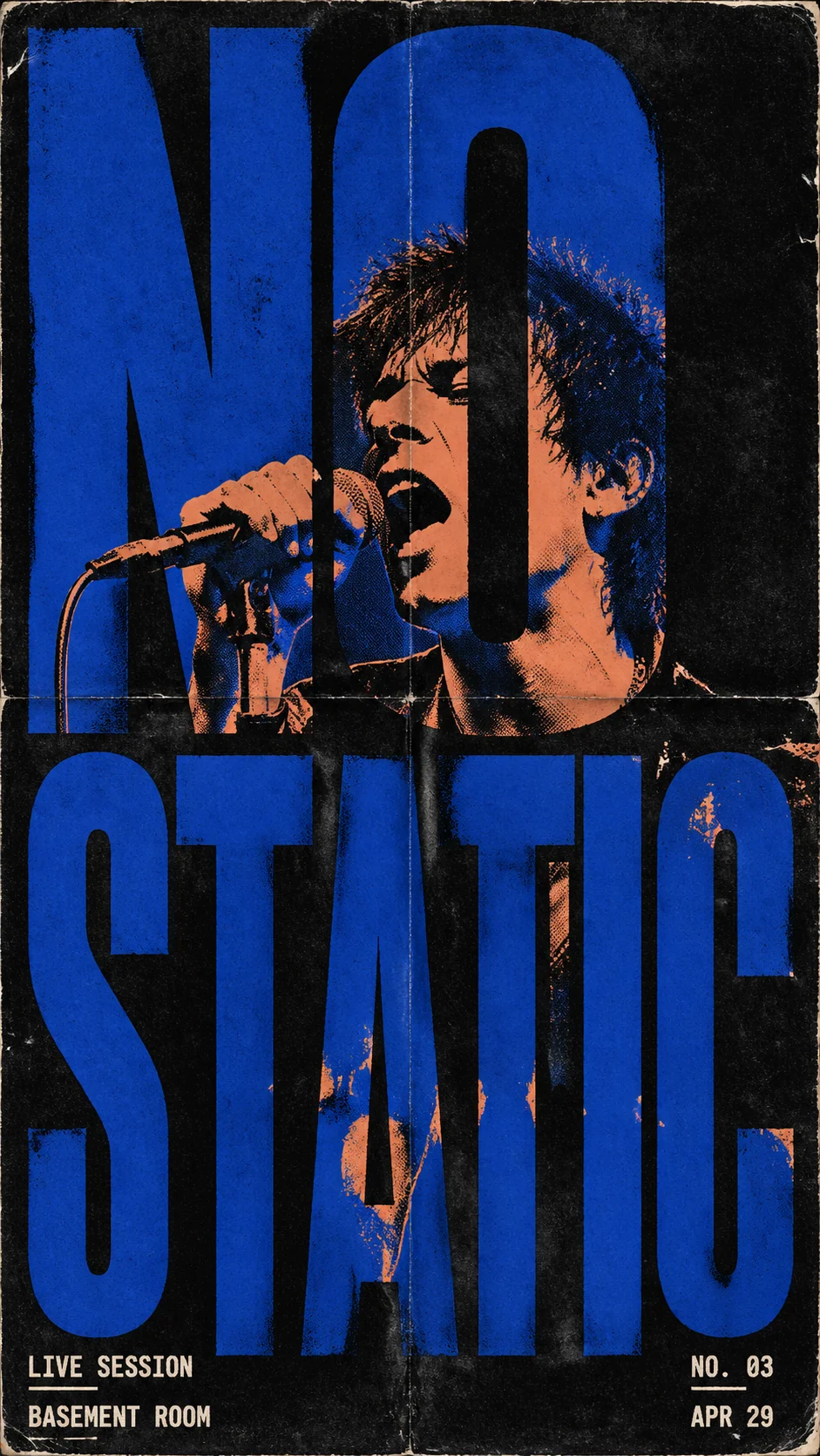 Retro punk underground band poster with huge English type and screen print portrait