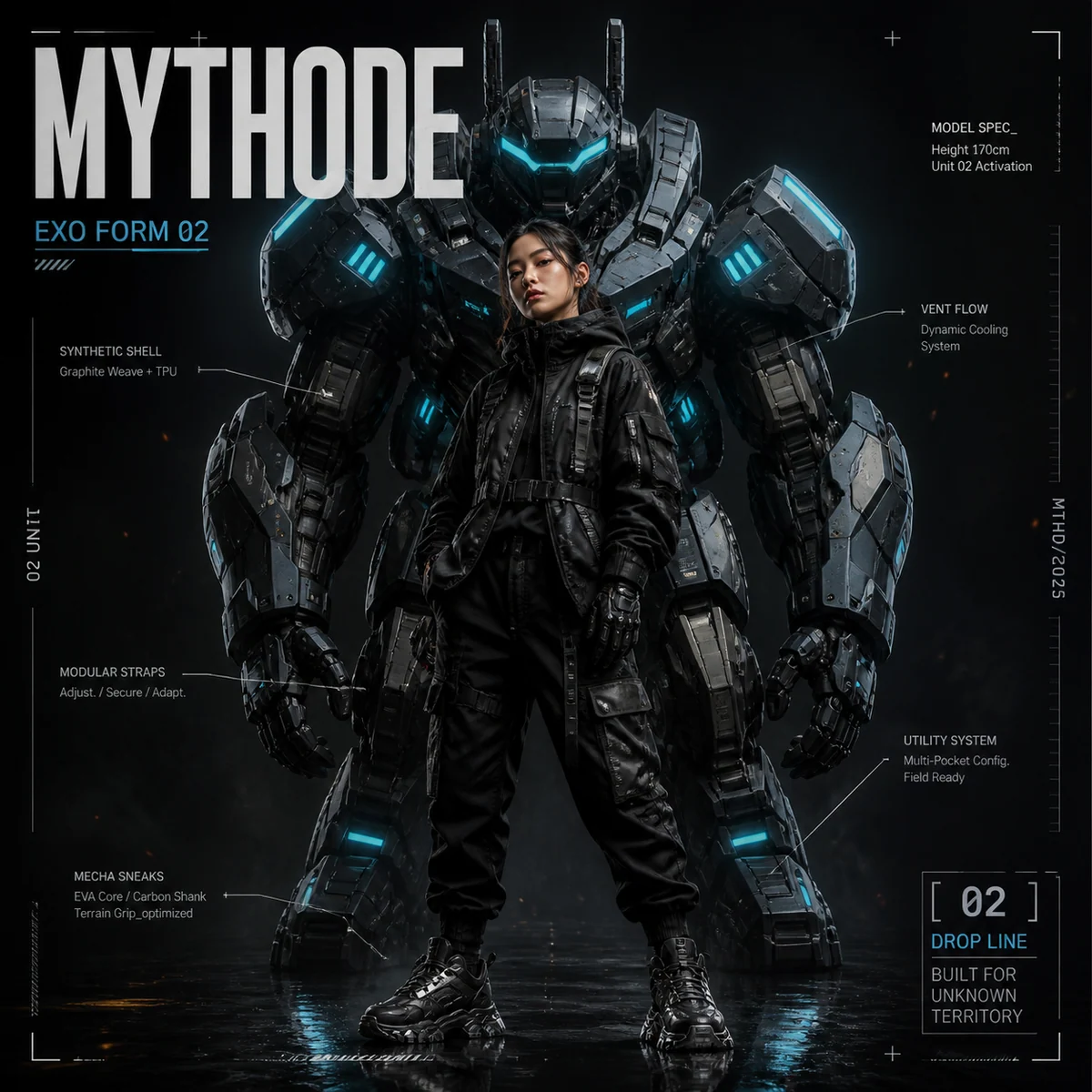Vertical mecha techwear fashion poster with glowing armor