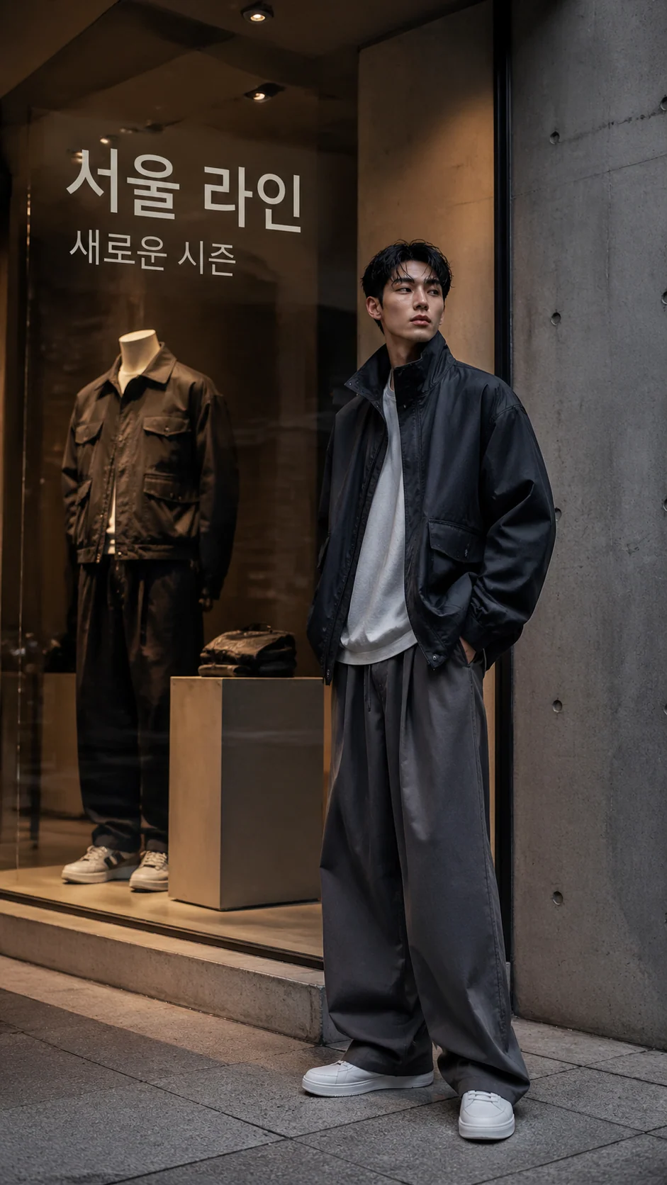 Ejemplo de anuncio de moda: Vertical streetwear fashion campaign poster with city styling