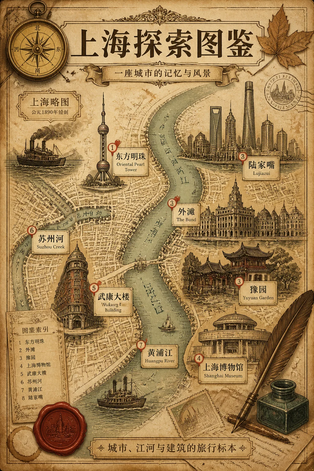 复古博物志城市旅行地图海报示例