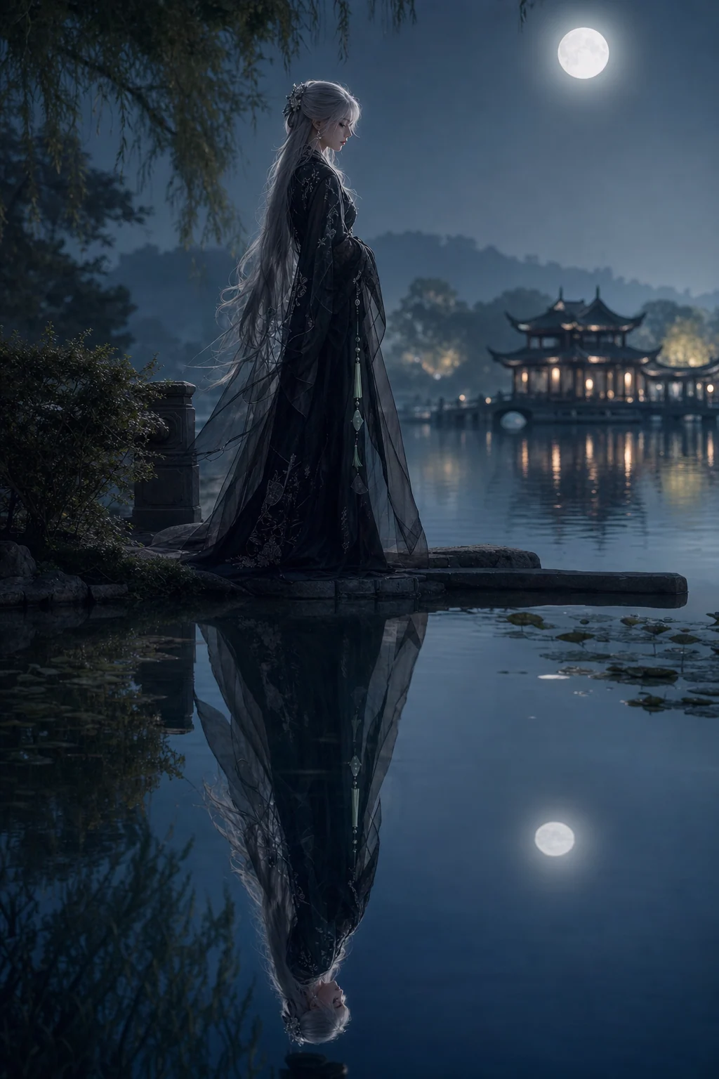Silver-haired fantasy muse reflected in water sample