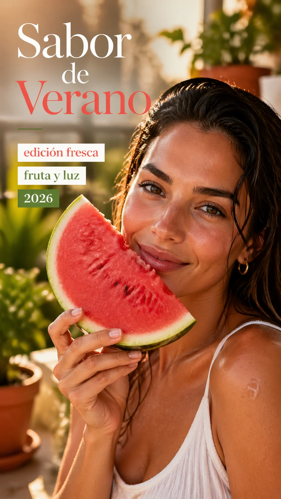 Portada social vertical en español con sandía y retrato de verano