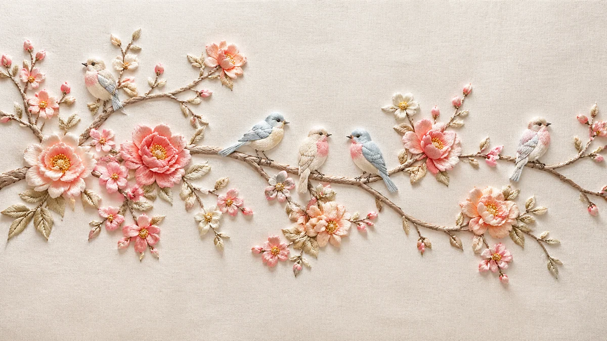 Wide embroidered garden branch with small birds