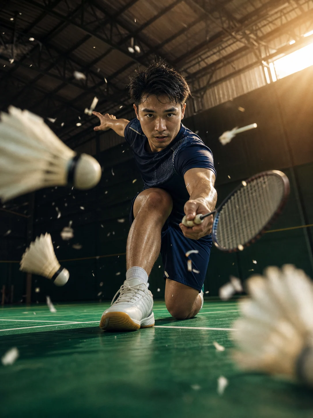 Beispiel fur ein Badminton-Actionportrat aus niedriger Perspektive