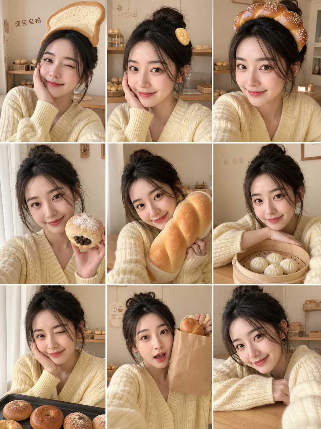 3x3-Erwachsenen-Selfie-Raster mit Baozi- und chinesischem Bäckereithema