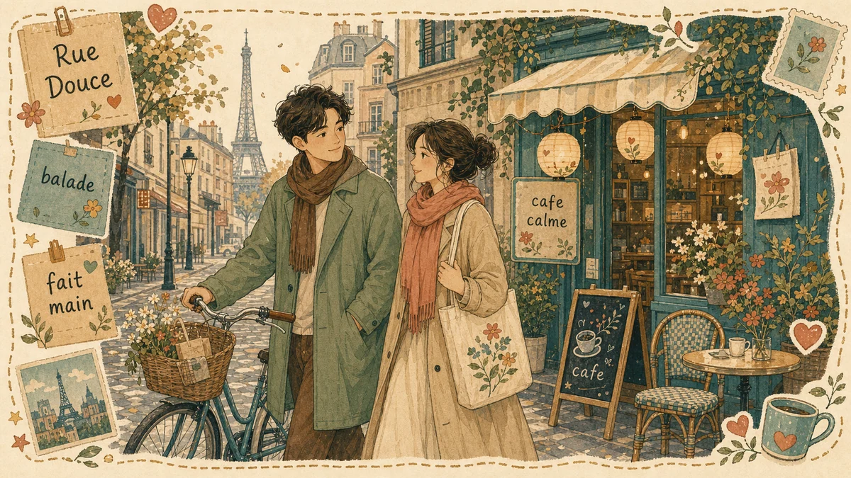 Portrait folk art de couple dans une rue a velo avec texte francais