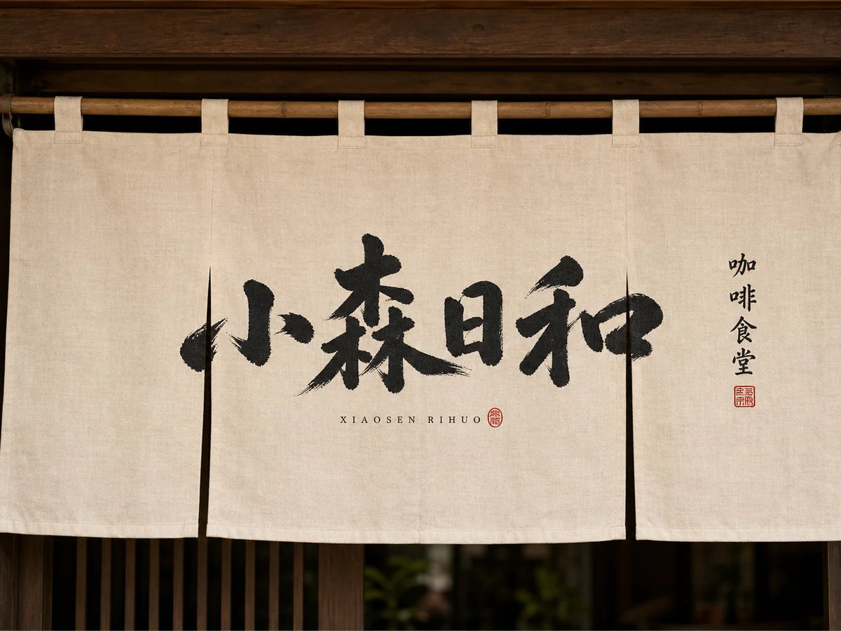 咖啡食堂日式暖帘毛笔字标示例