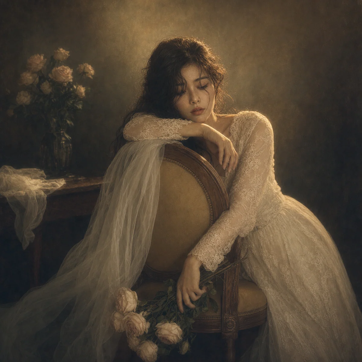 Retrato sonhador junto à cadeira com véu, flores e fundo esfumaçado