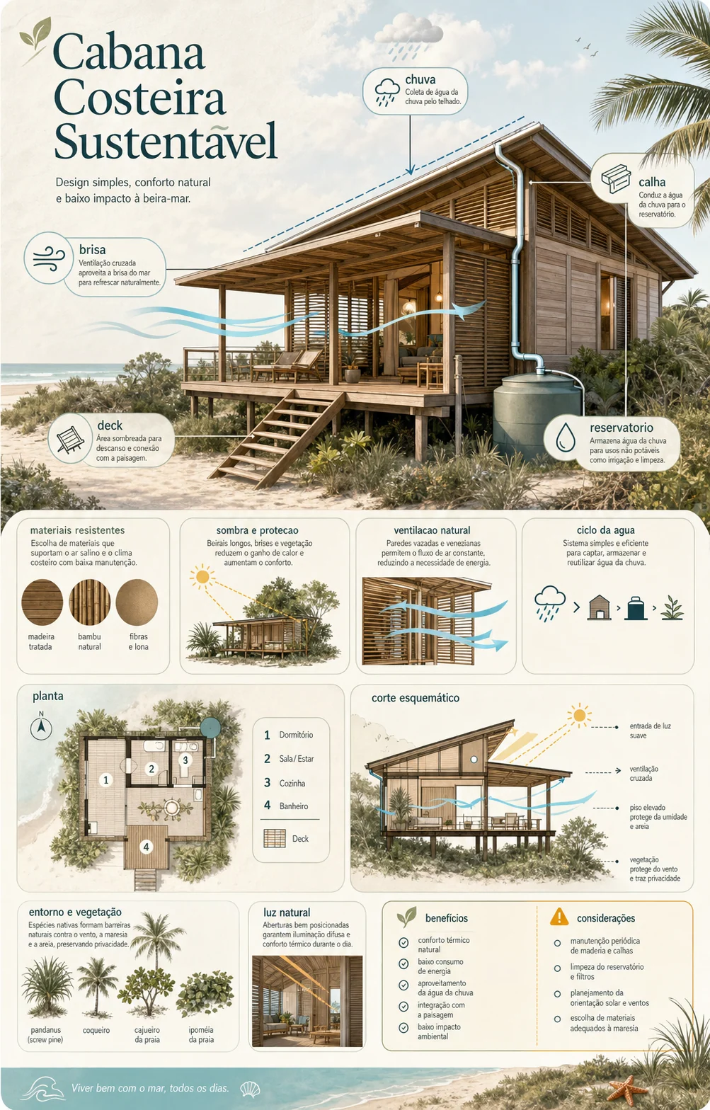 Infografico de arquitetura ecologica para cabana costeira