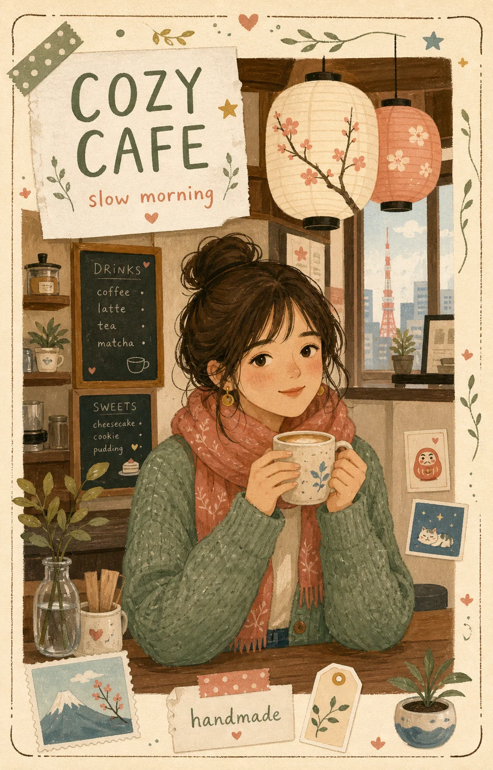 Cozy Japanese cafe folk art portrait sample