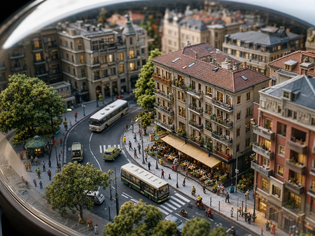 Miniature daytime city block with tiny pedestrians and warm civic details