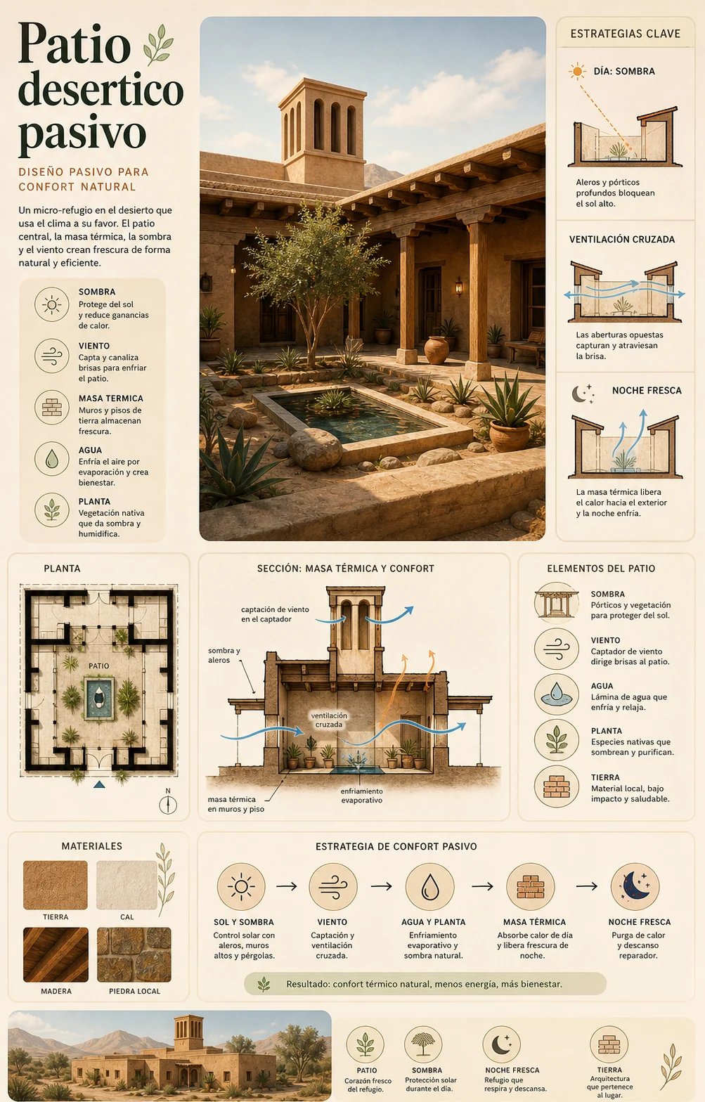 Infografia de arquitectura ecologica para patio desertico
