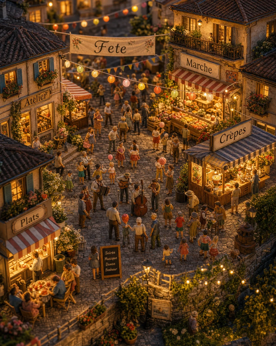 Rue de fete miniature avec lanternes et panneaux francais