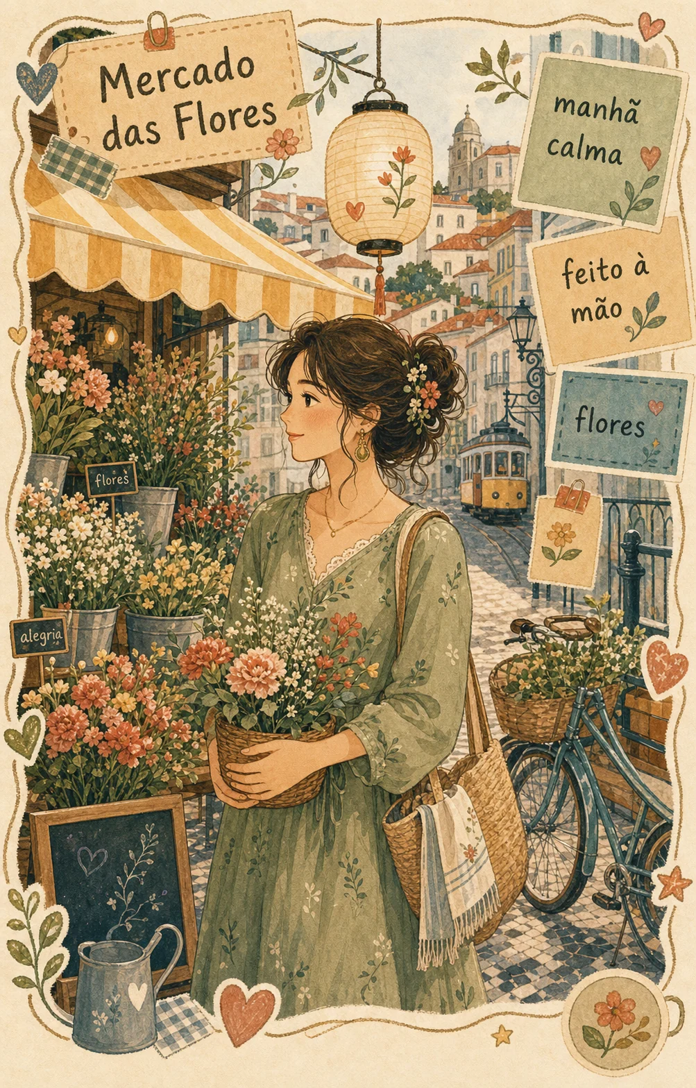 Retrato folk art em mercado de flores com texto em portugues