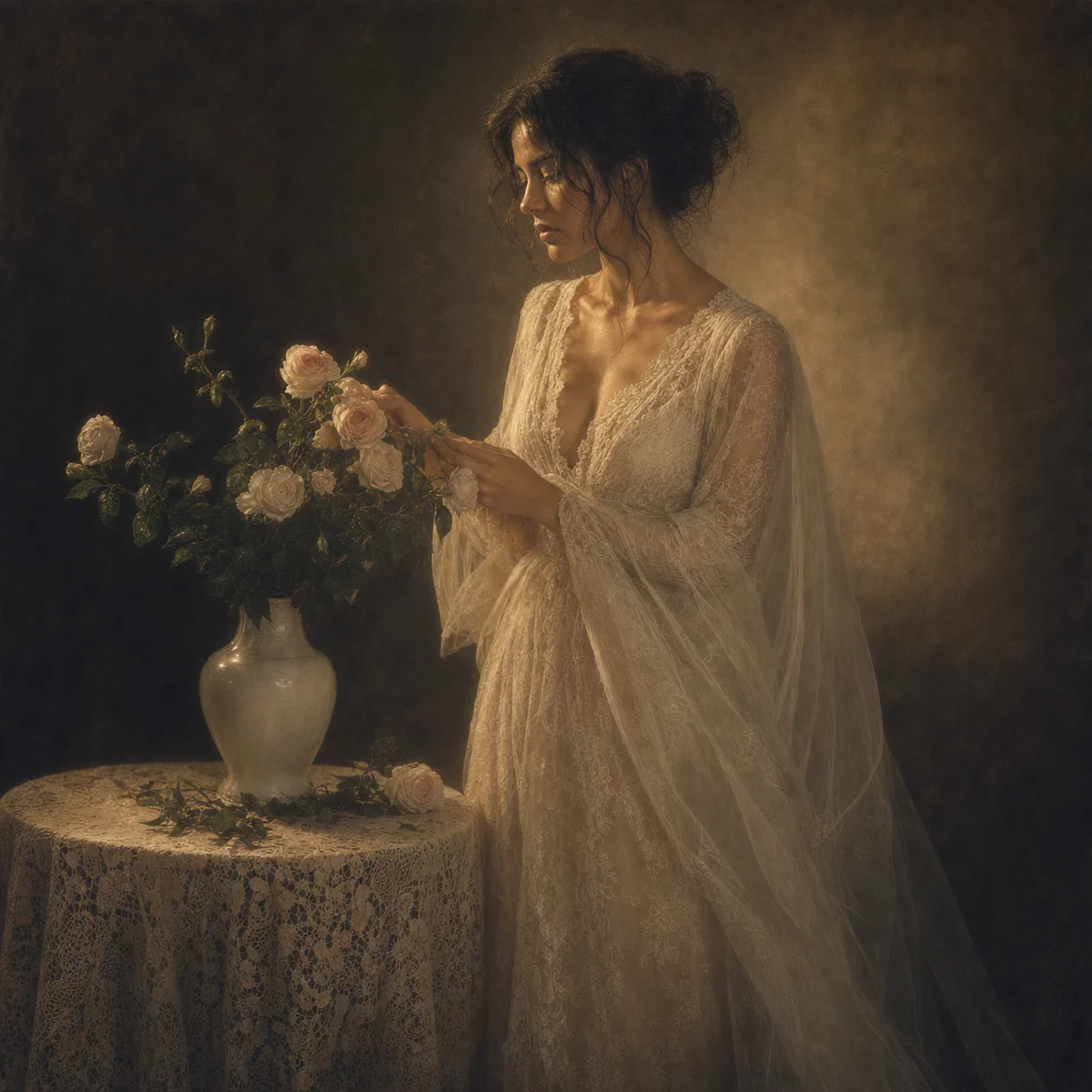 Retrato vintage francês em pé junto a uma mesa de flores com luz pictórica