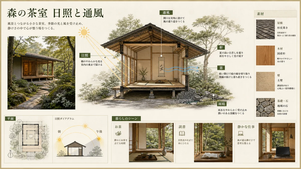 森の茶室の日照と通風を説明する建築図解