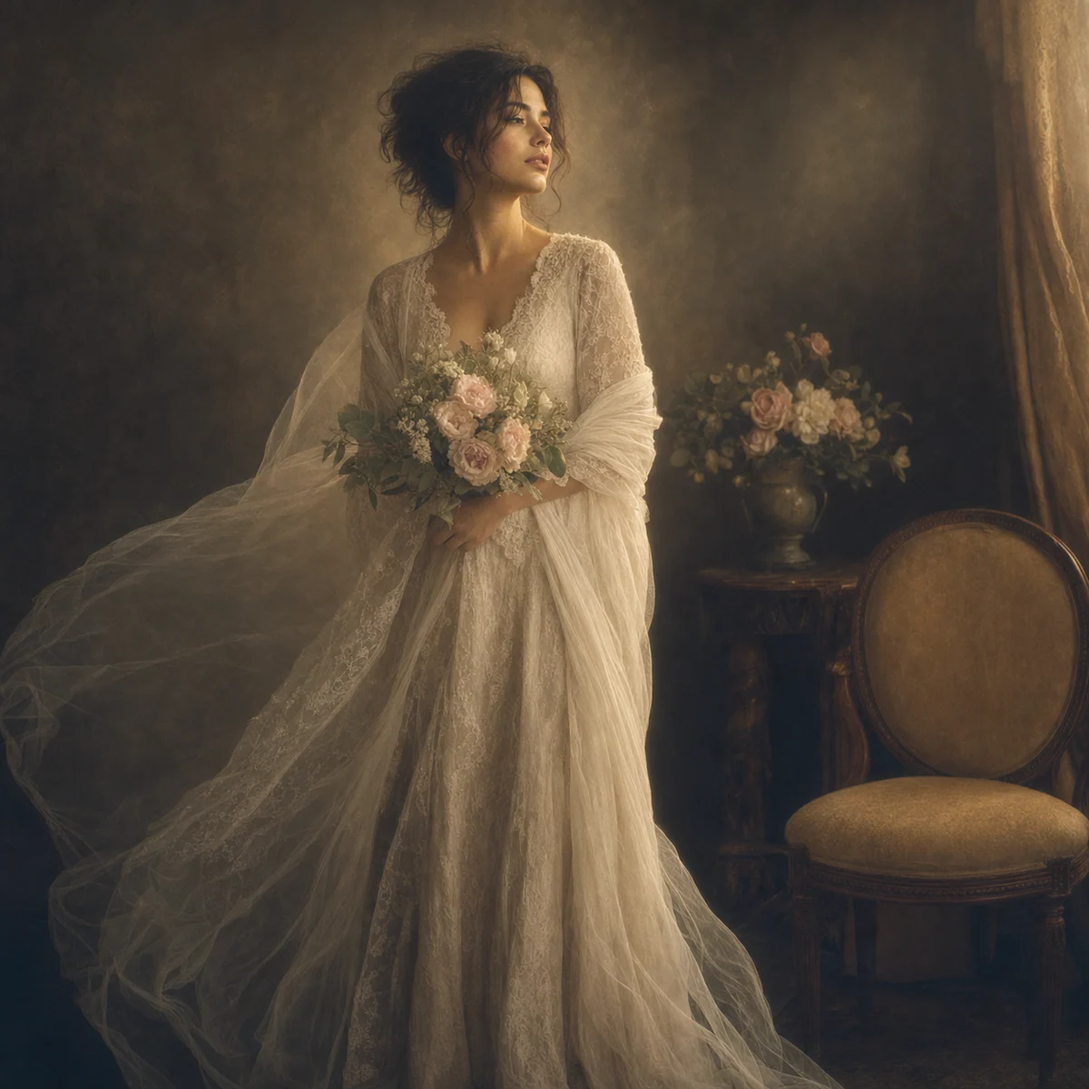 Retrato francês de corpo inteiro com renda marfim, véu, buquê e luz de fim de tarde