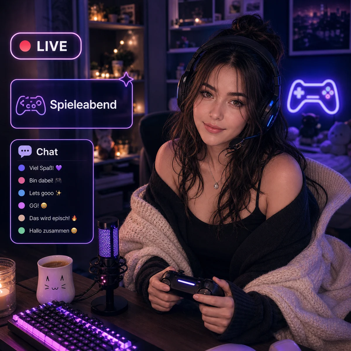 日本語ライブ表示付きのゲームナイトWebカメラプロフィールカード例