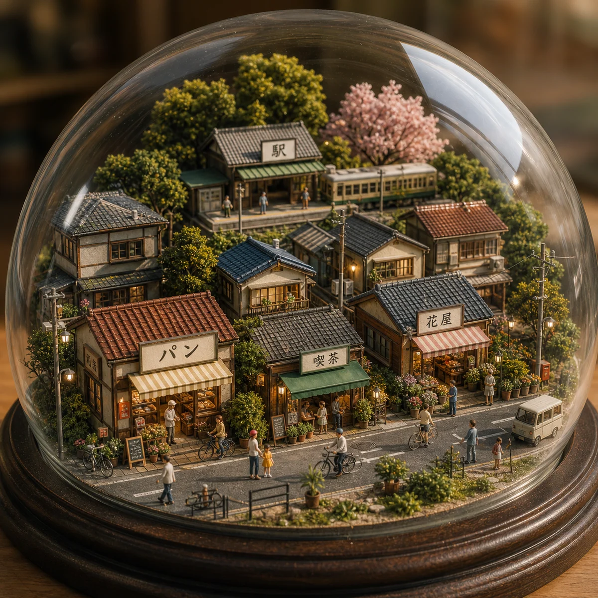 ガラスドームの中の小さな町と日常生活