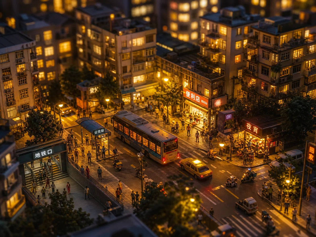微缩夜晚城市，楼窗灯火与街道生活细节