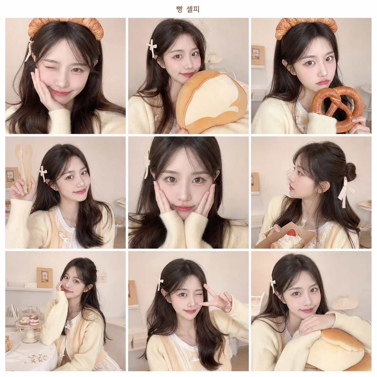 3x3-Erwachsenen-Selfie-Raster im koreanischen Bäckerei-Fotobox-Stil