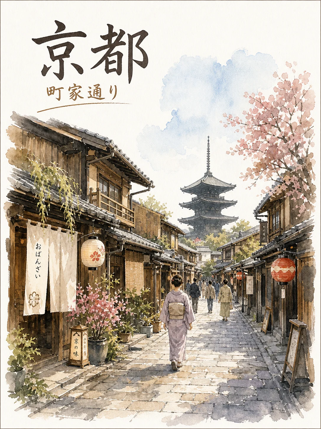京都町家通りの水彩旅行ポスター例