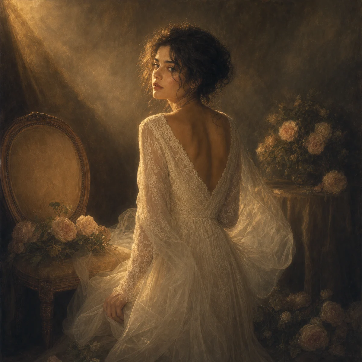 Retrato adulto olhando para trás com camadas de véu, flores, objetos antigos e suavidade de óleo