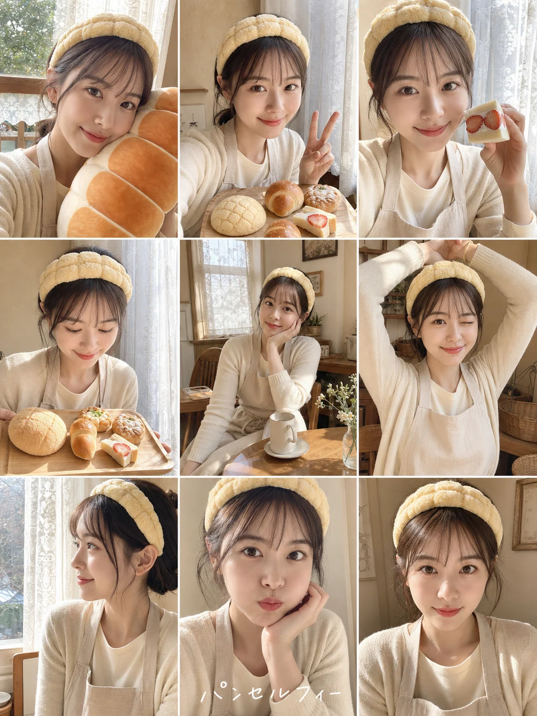 3x3-Erwachsenen-Selfie-Collage in einem japanischen Melonpan-Café