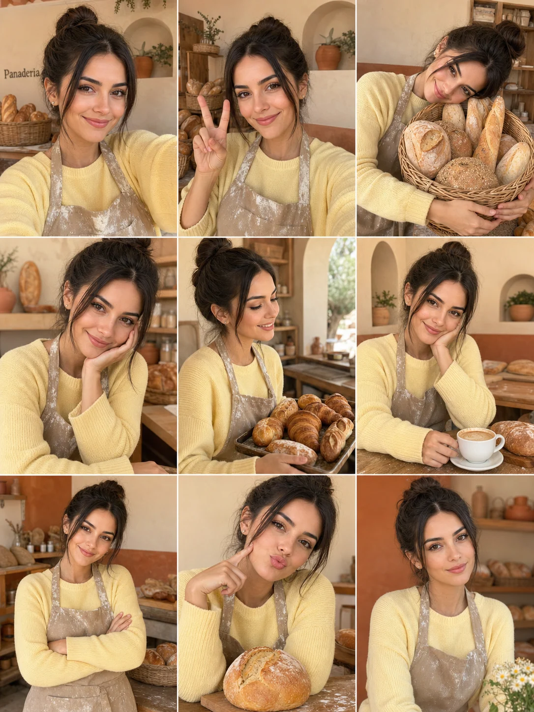 3x3-Erwachsenen-Selfie-Collage in spanischer Bäckereistimmung