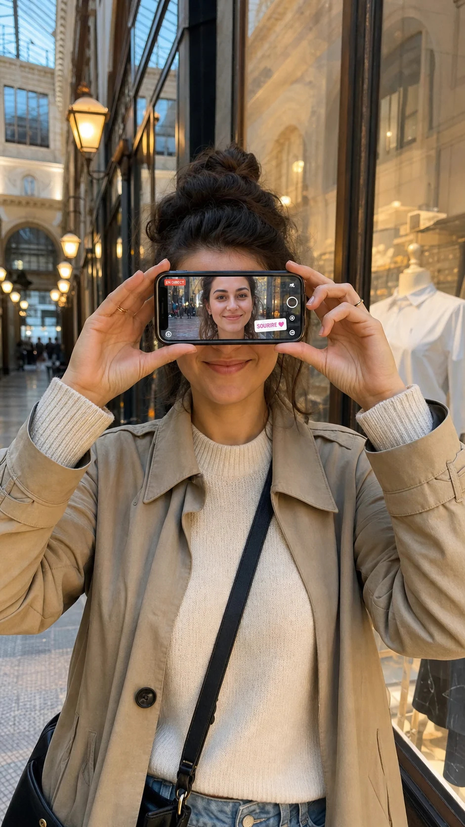 Porträt in einer Pariser Einkaufspassage mit Gesicht auf dem Smartphone-Bildschirm