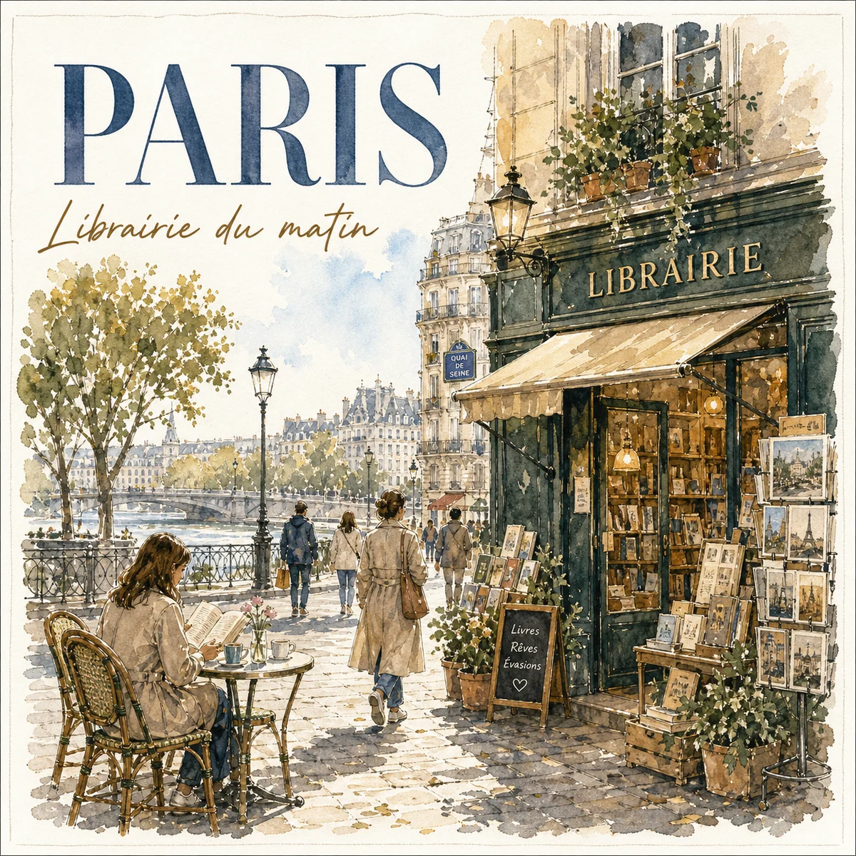 Affiche de voyage aquarelle d'une librairie parisienne