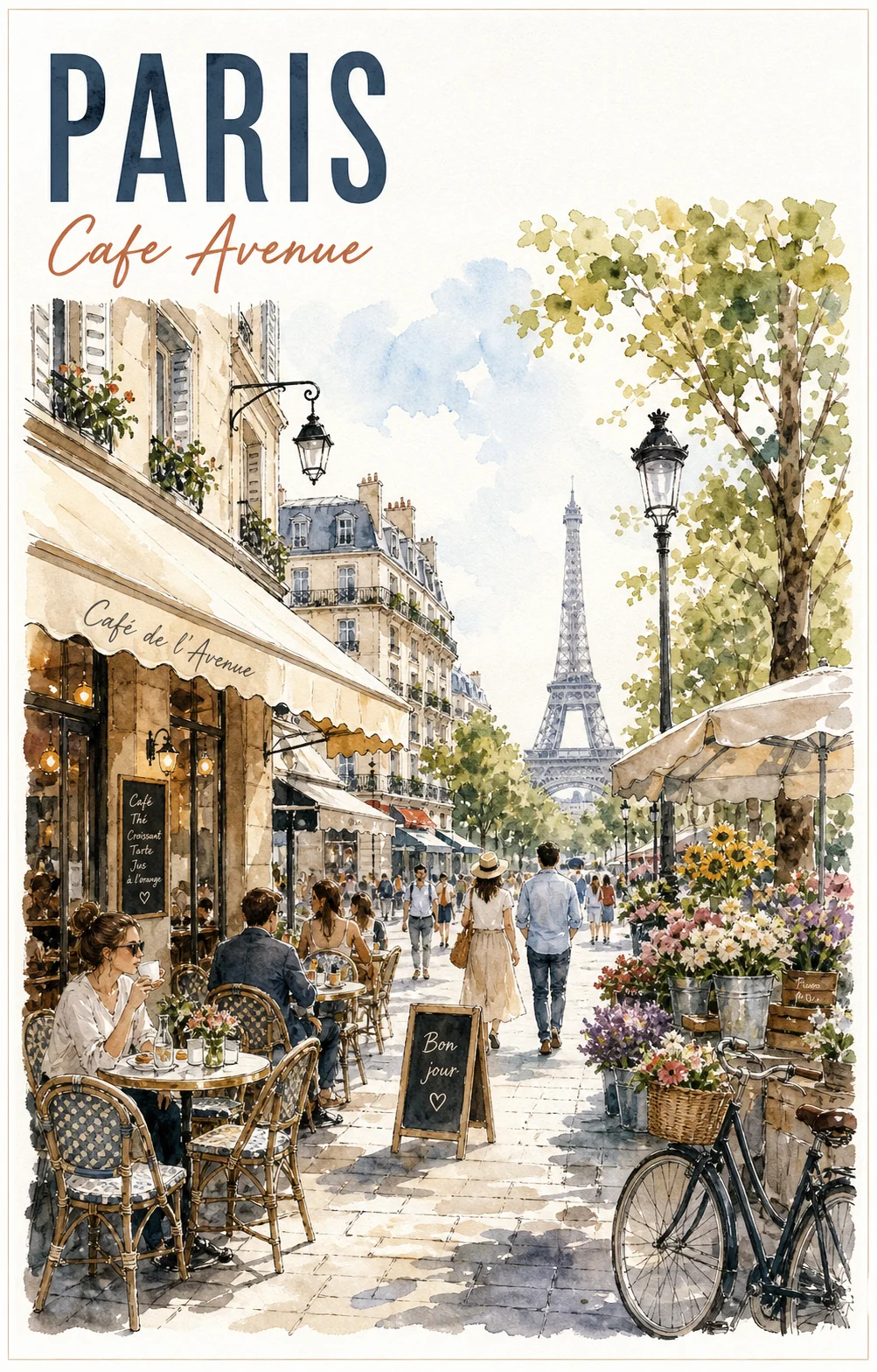 Watercolor Paris cafe avenue travel poster sample