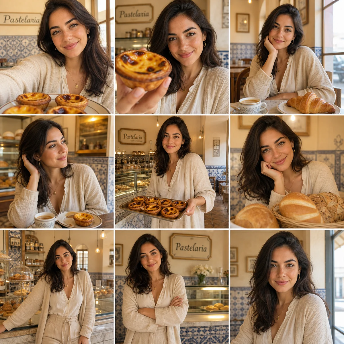 3x3-Erwachsenenporträtraster in einer portugiesischen Pastelaria