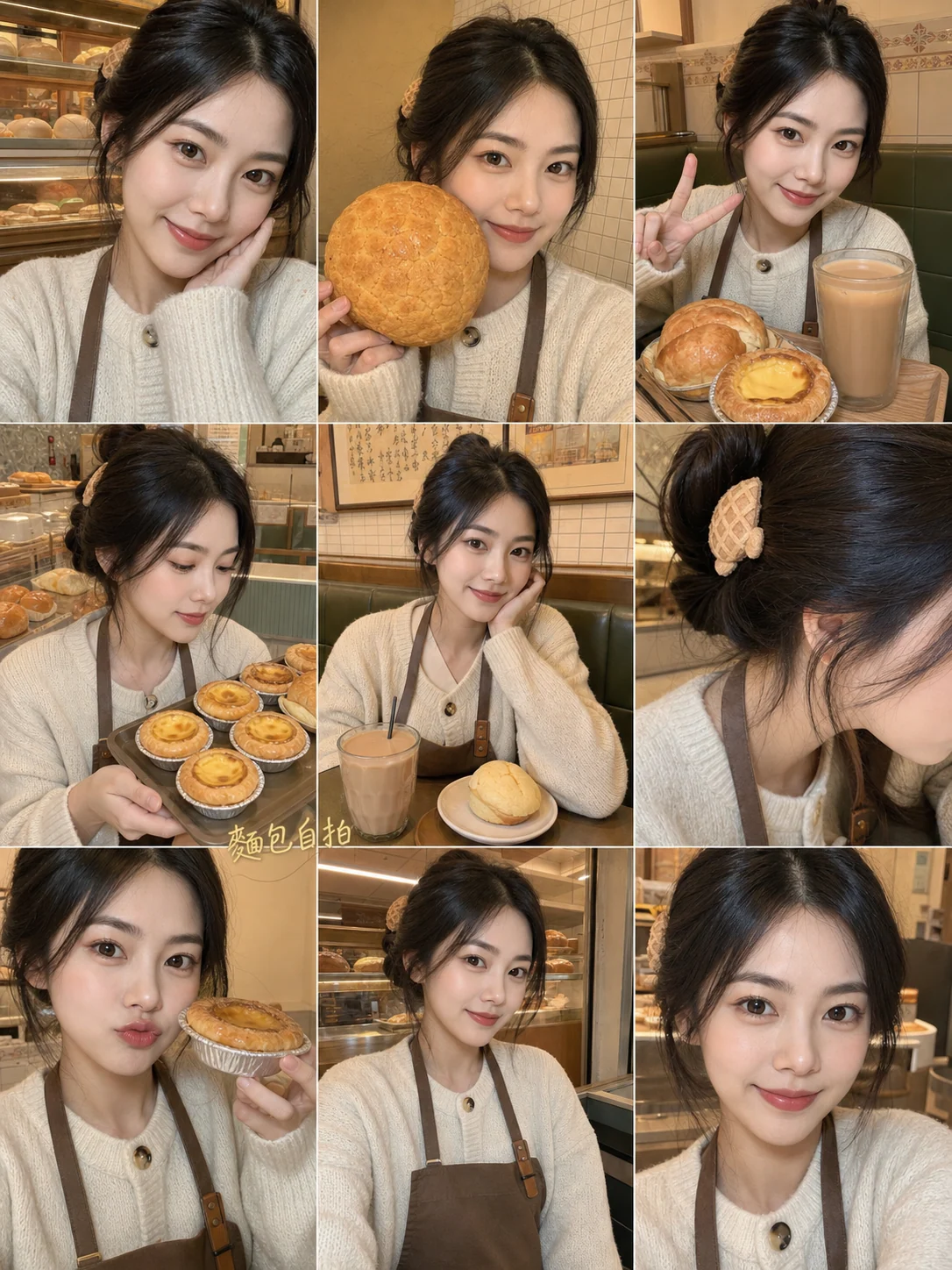 3x3-Erwachsenen-Selfie-Raster in einem Pineapple-Bun-Café