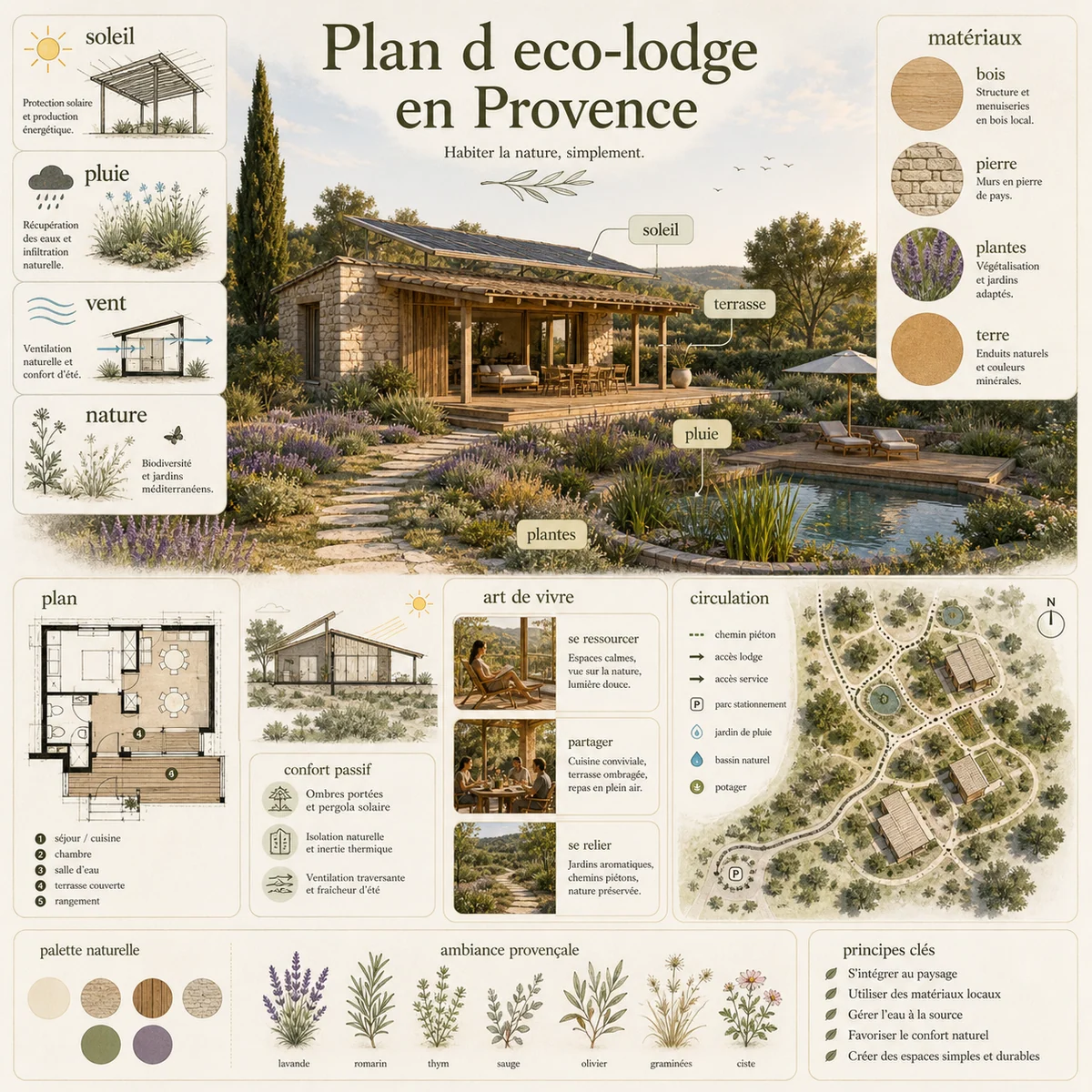 Page de manuel d eco-architecture pour un lodge en Provence