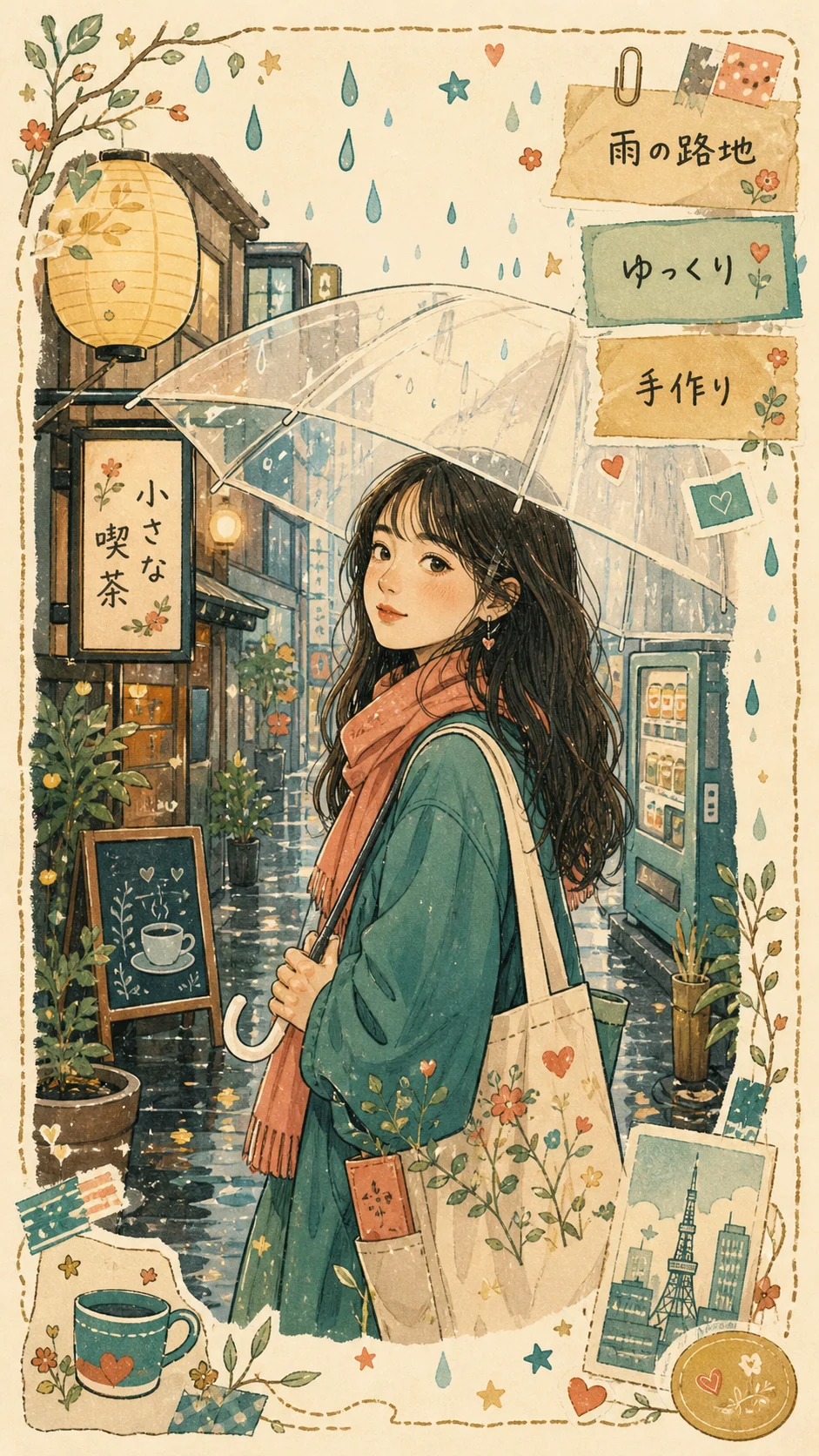 雨の路地を描いた日本語民芸ポートレート例