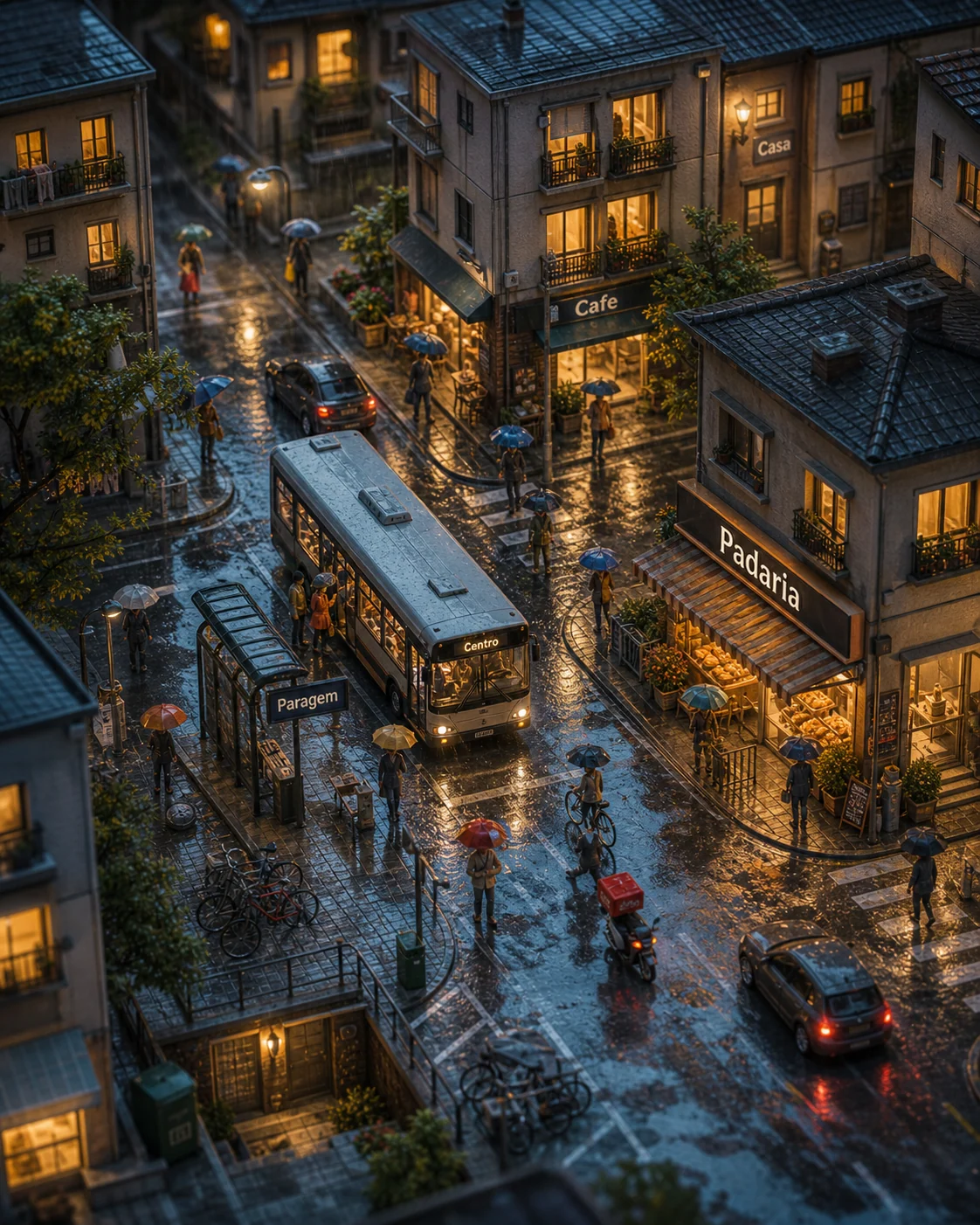 Bairro miniatura chuvoso com placas em portugues