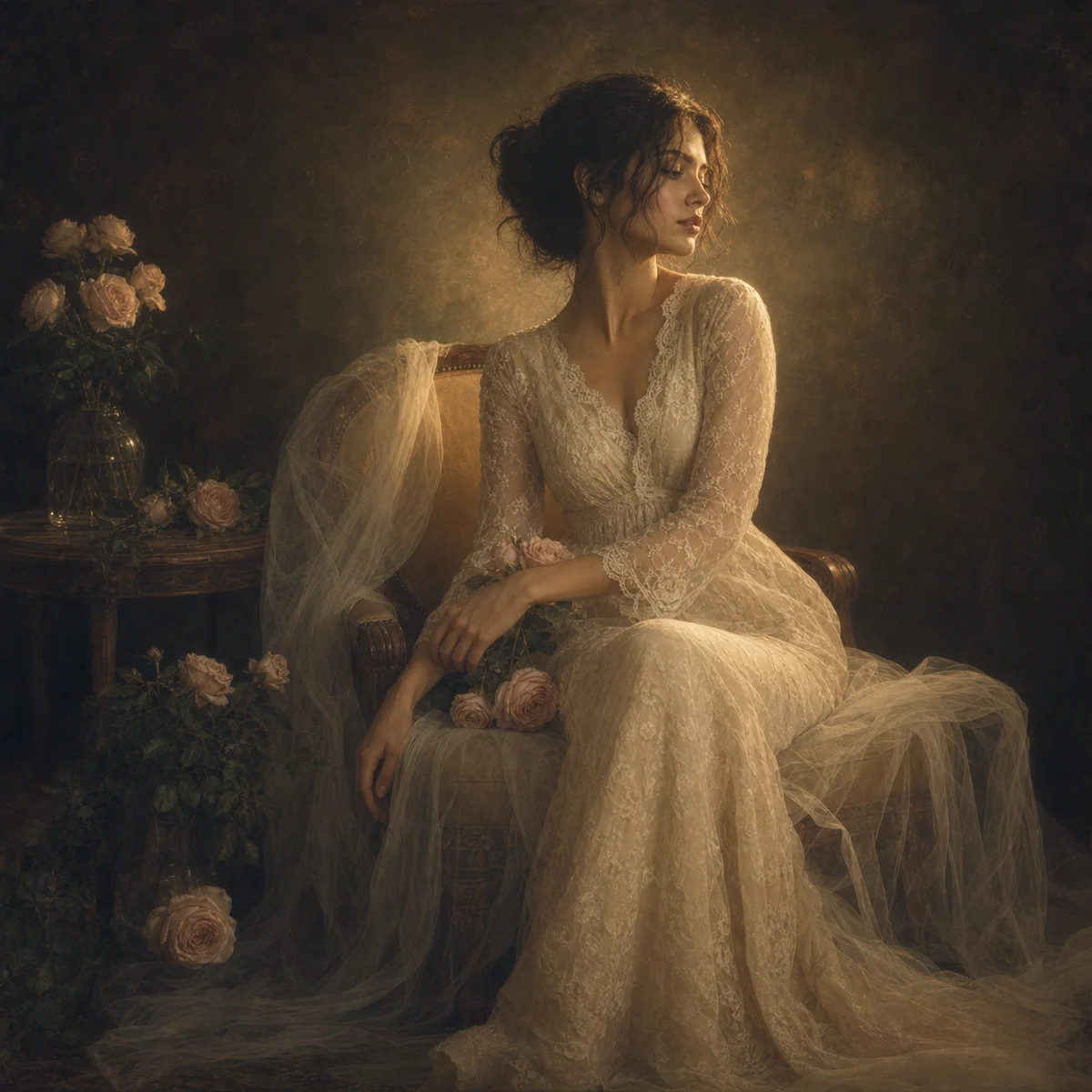 Retrato sentado com rosas, cadeira antiga, renda marfim e luz dourada