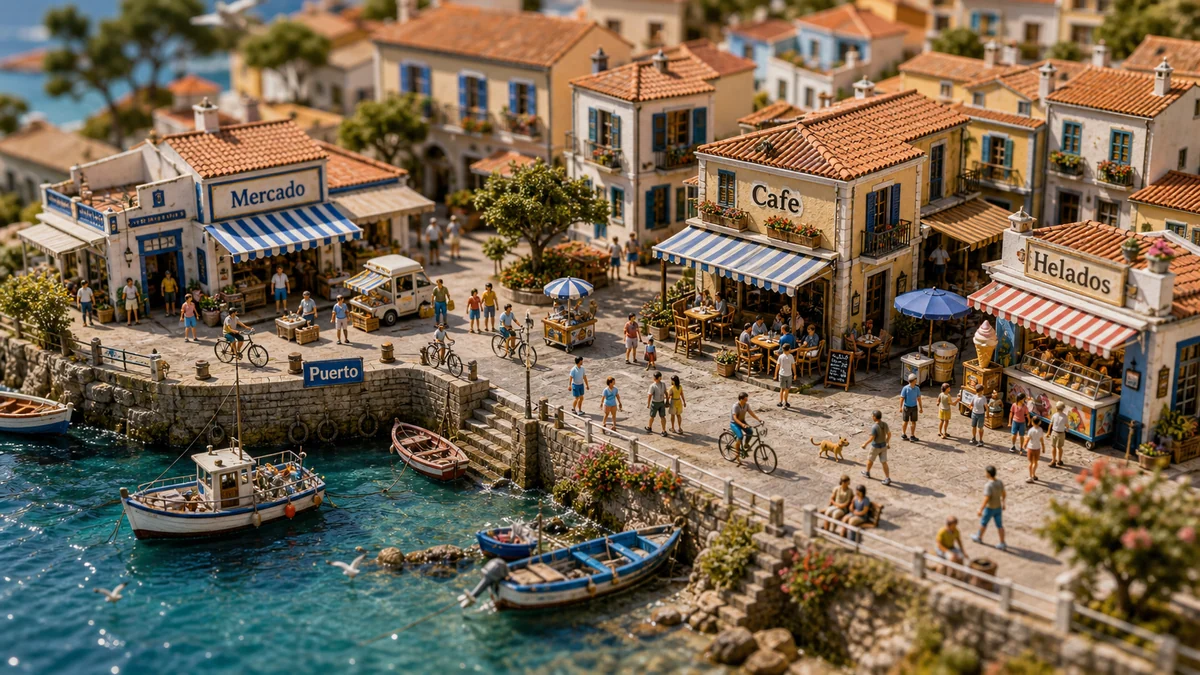 Pueblo costero en miniatura con letreros en espanol